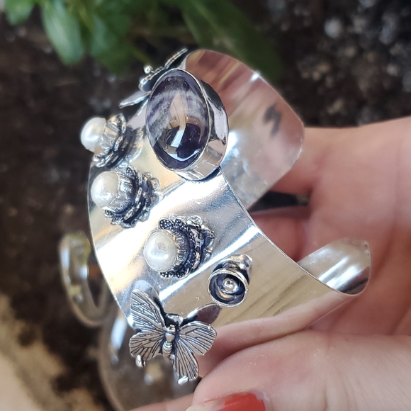 New Chevron Amethyst & Pearl 925 Silver Butterflies Adjustable Cuff Bracelet. - Picture 7 of 14